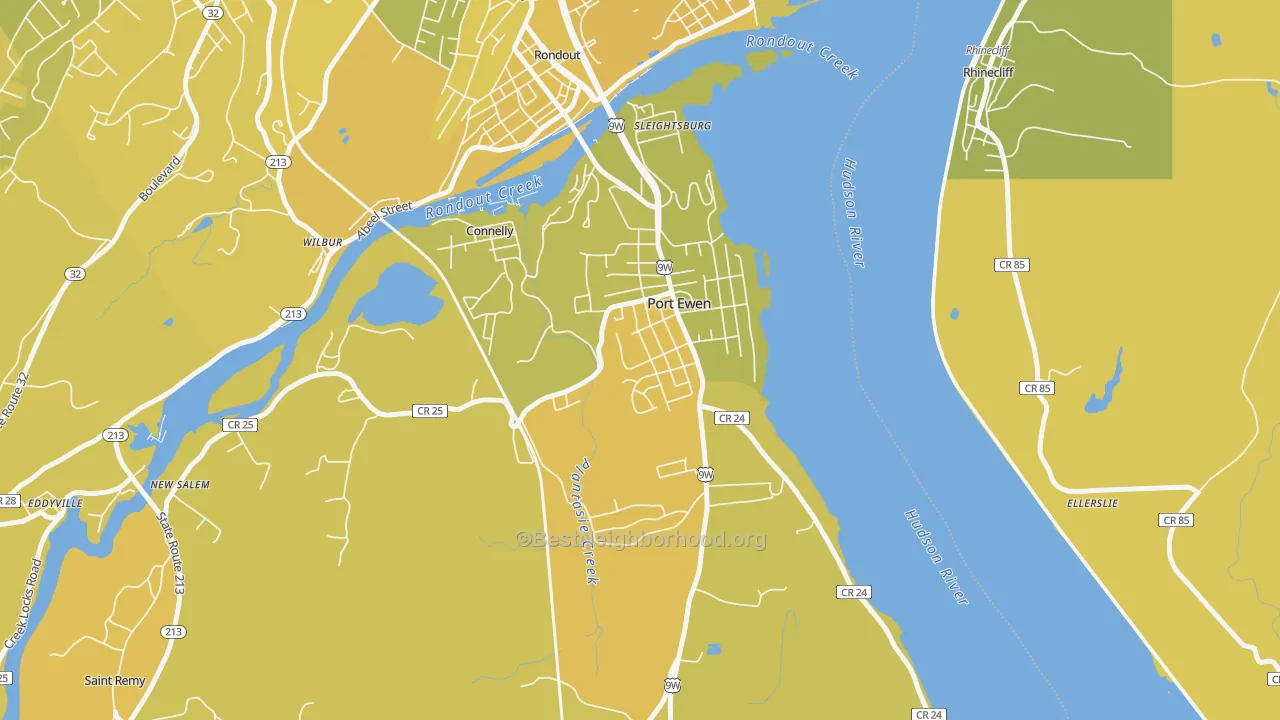 Map of the best neighborhoods in the 12466 area, with better matches in green and worse matches in red