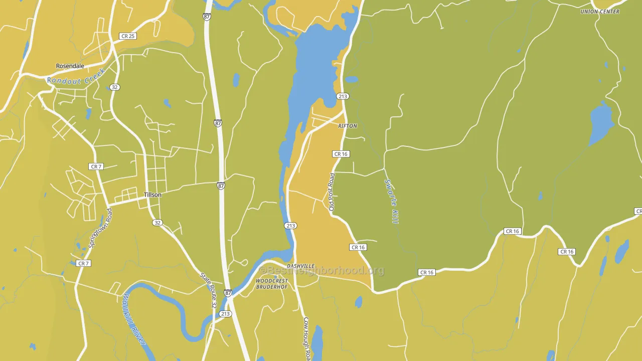 Map of the best neighborhoods in the 12471 area, with better matches in green and worse matches in red