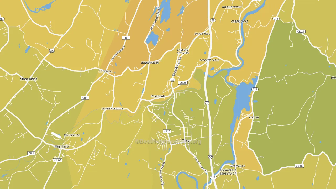 Map of the best neighborhoods in the 12472 area, with better matches in green and worse matches in red
