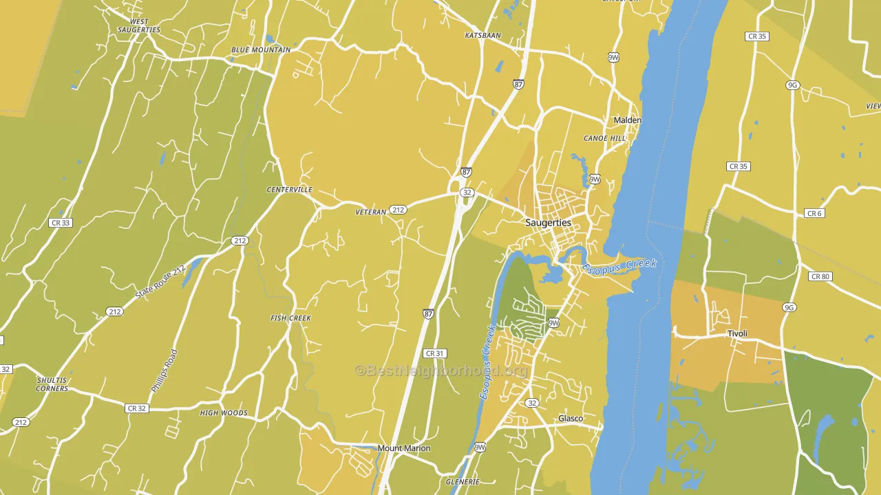 Map of the best neighborhoods in the 12477 area, with better matches in green and worse matches in red