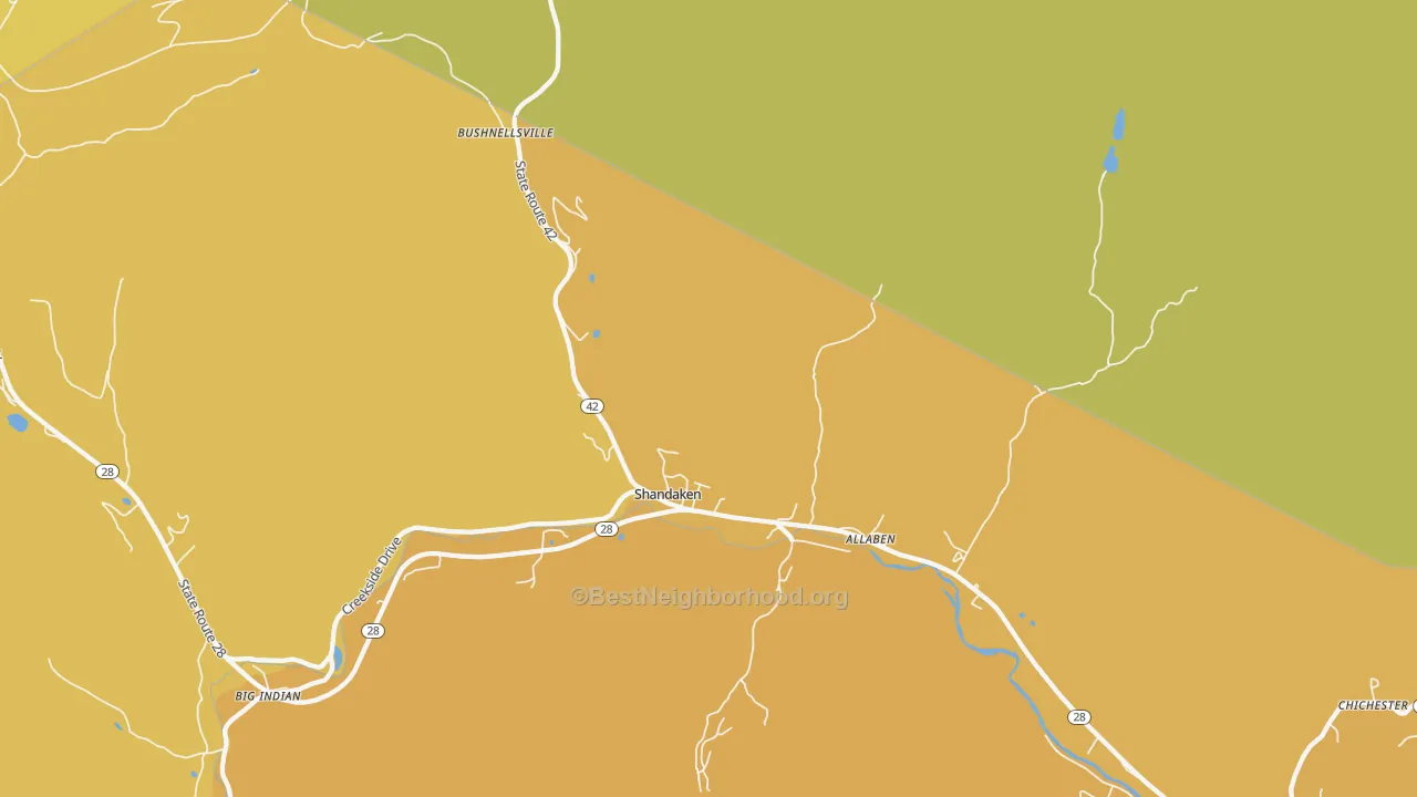 Map of the best neighborhoods in the 12480 area, with better matches in green and worse matches in red