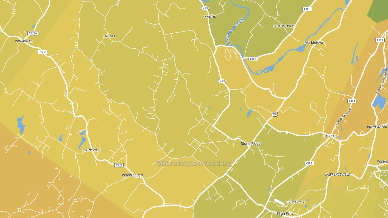 Map of the best neighborhoods in the 12484 area, with better matches in green and worse matches in red