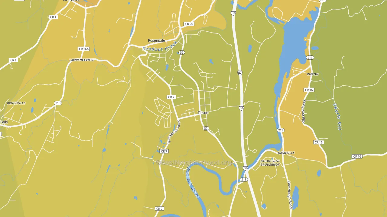 Map of the best neighborhoods in the 12486 area, with better matches in green and worse matches in red