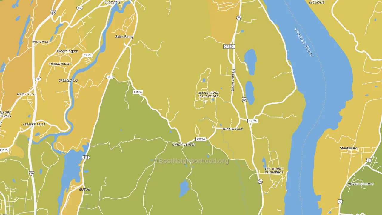 Map of the best neighborhoods in the 12487 area, with better matches in green and worse matches in red