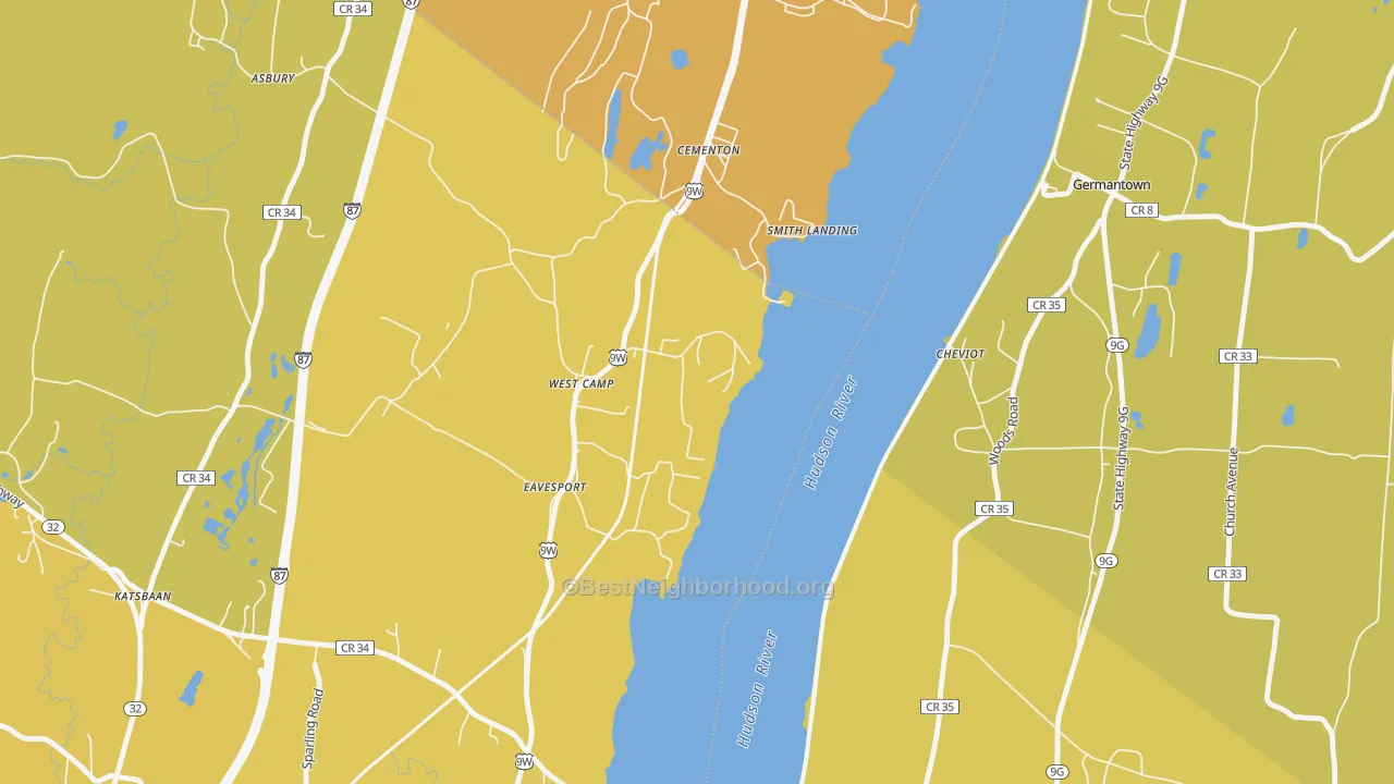 Map of the best neighborhoods in the 12490 area, with better matches in green and worse matches in red