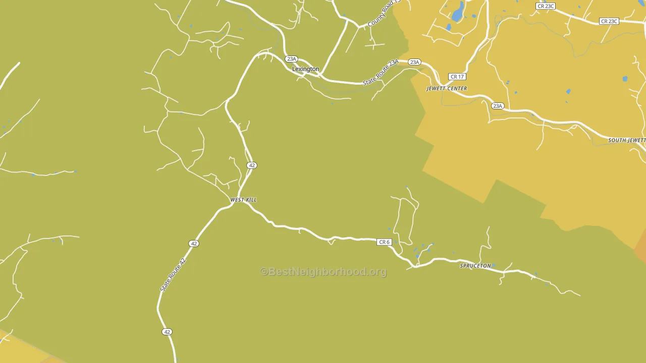Map of the best neighborhoods in the 12492 area, with better matches in green and worse matches in red