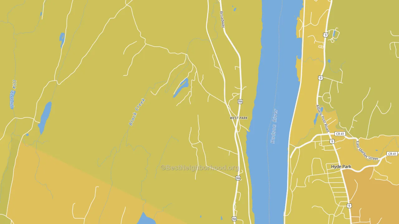Map of the best neighborhoods in the 12493 area, with better matches in green and worse matches in red
