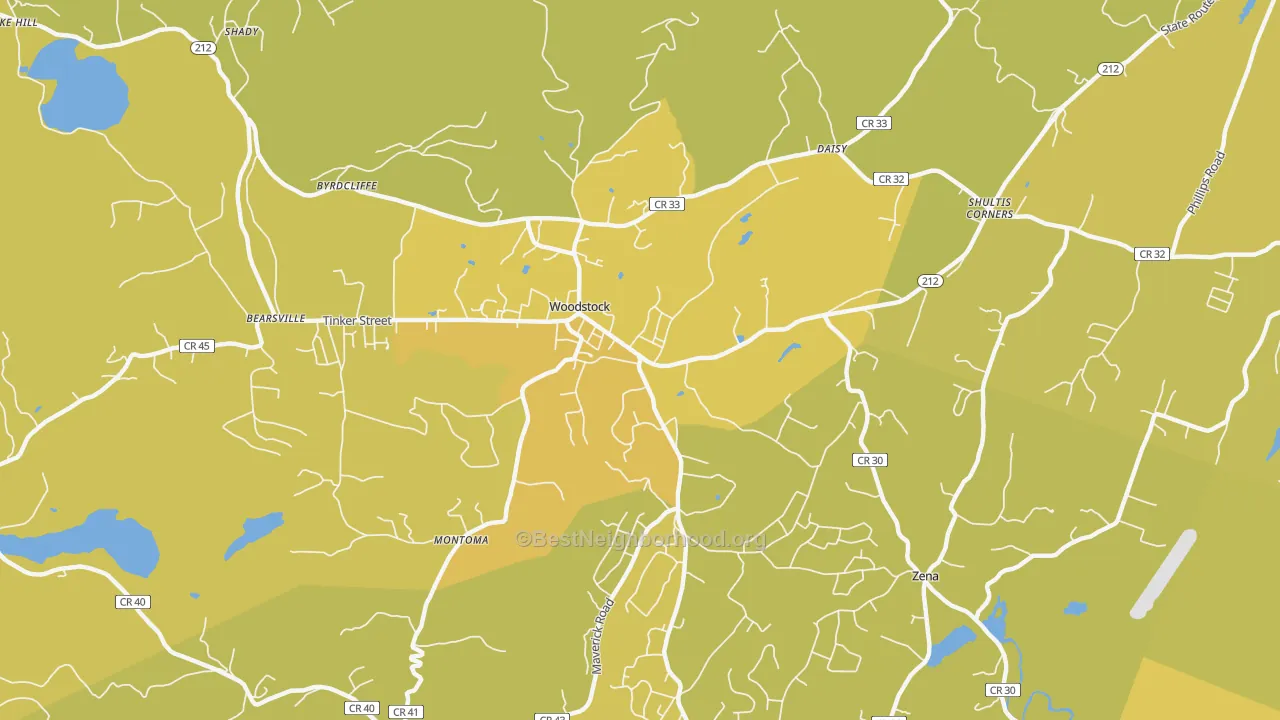 Map of the best neighborhoods in the 12498 area, with better matches in green and worse matches in red