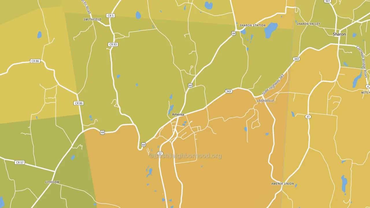 Map of the best neighborhoods in the 12501 area, with better matches in green and worse matches in red