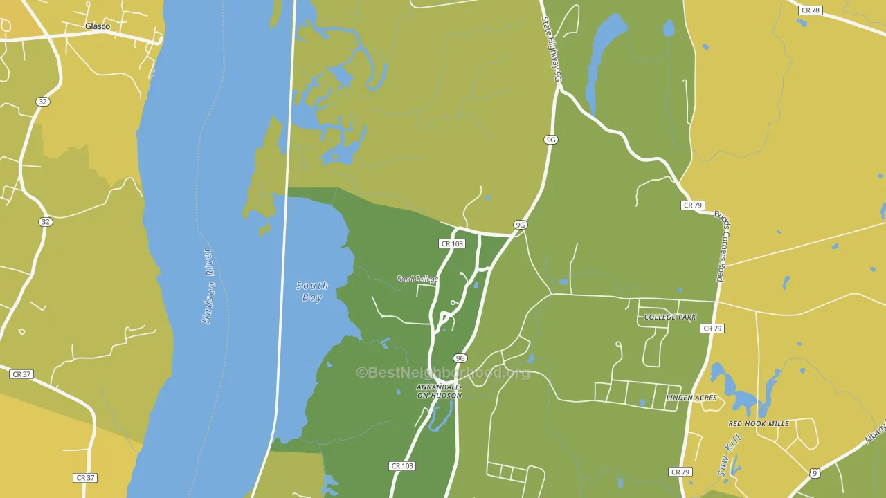 Map of the best neighborhoods in the 12504 area, with better matches in green and worse matches in red