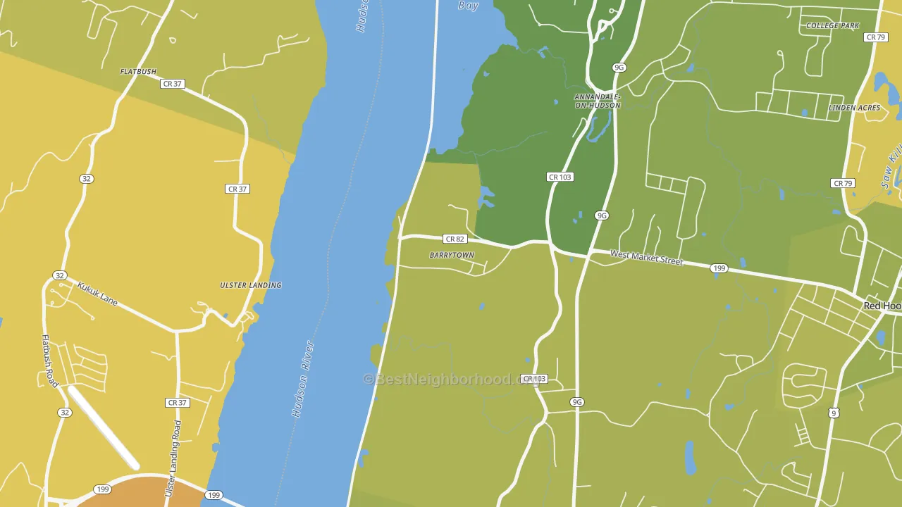 Map of the best neighborhoods in the 12507 area, with better matches in green and worse matches in red