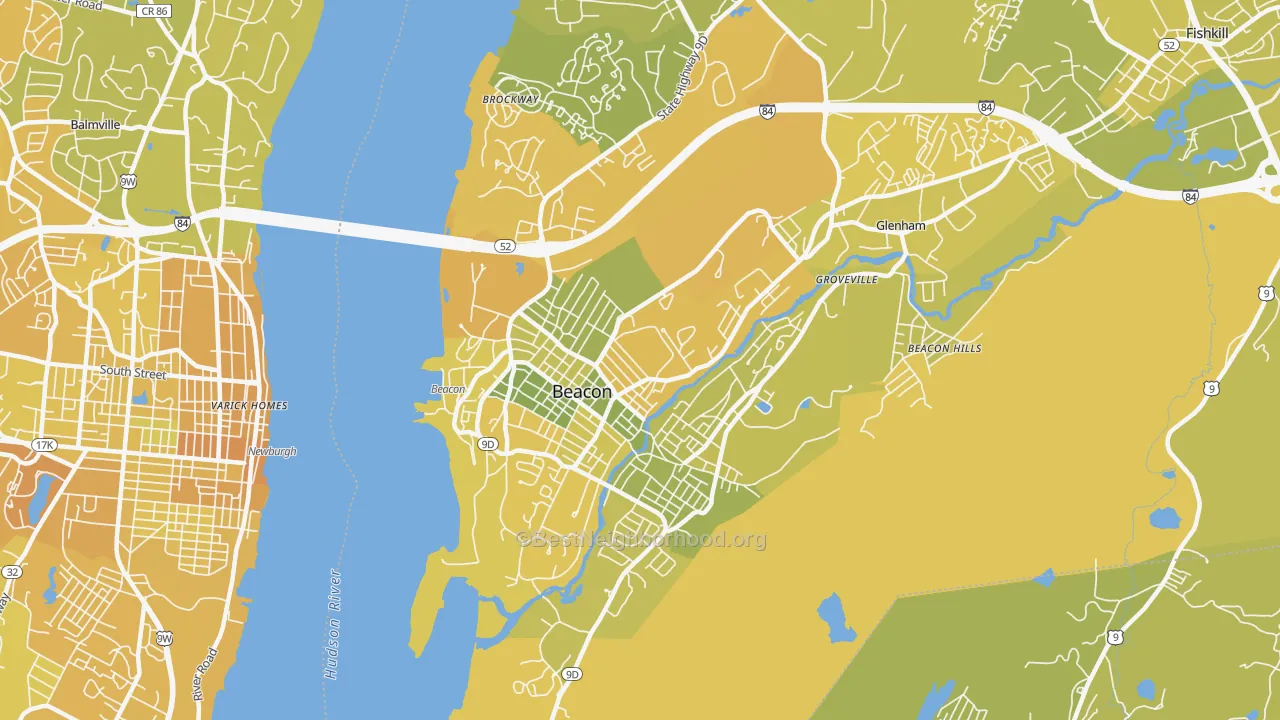 Map of the best neighborhoods in the 12508 area, with better matches in green and worse matches in red