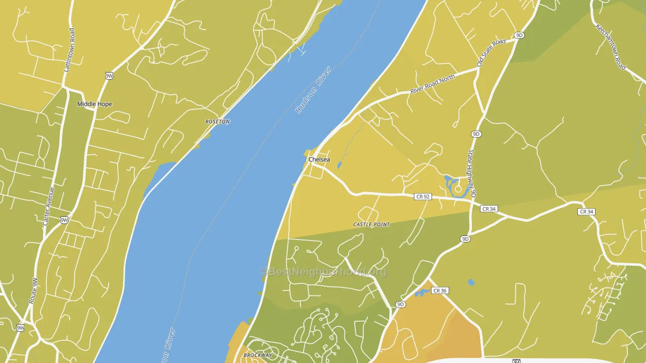 Map of the best neighborhoods in the 12512 area, with better matches in green and worse matches in red