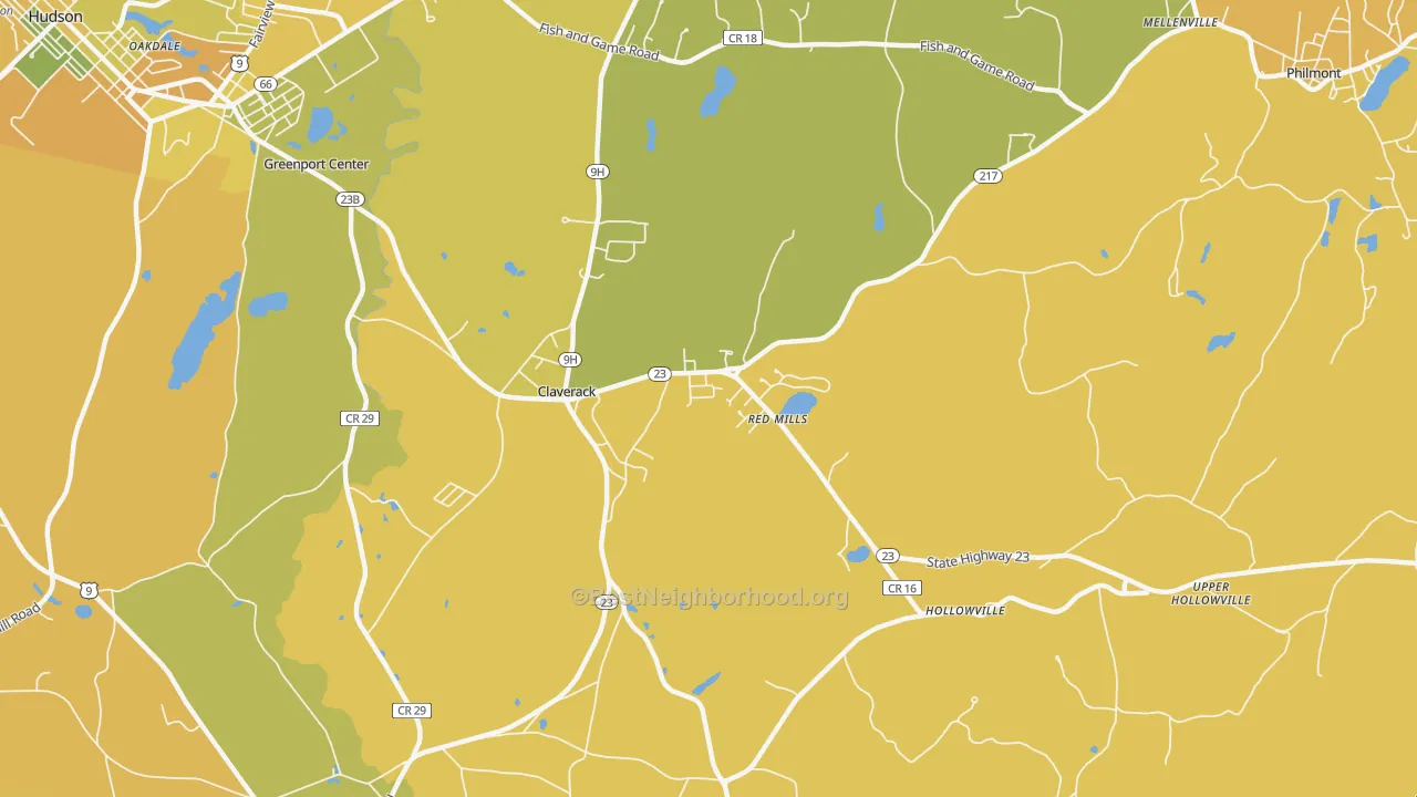 Map of the best neighborhoods in the 12513 area, with better matches in green and worse matches in red