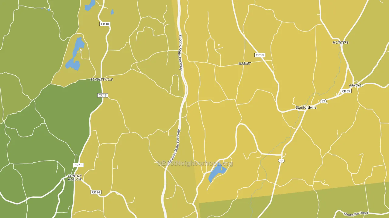 Map of the best neighborhoods in the 12514 area, with better matches in green and worse matches in red