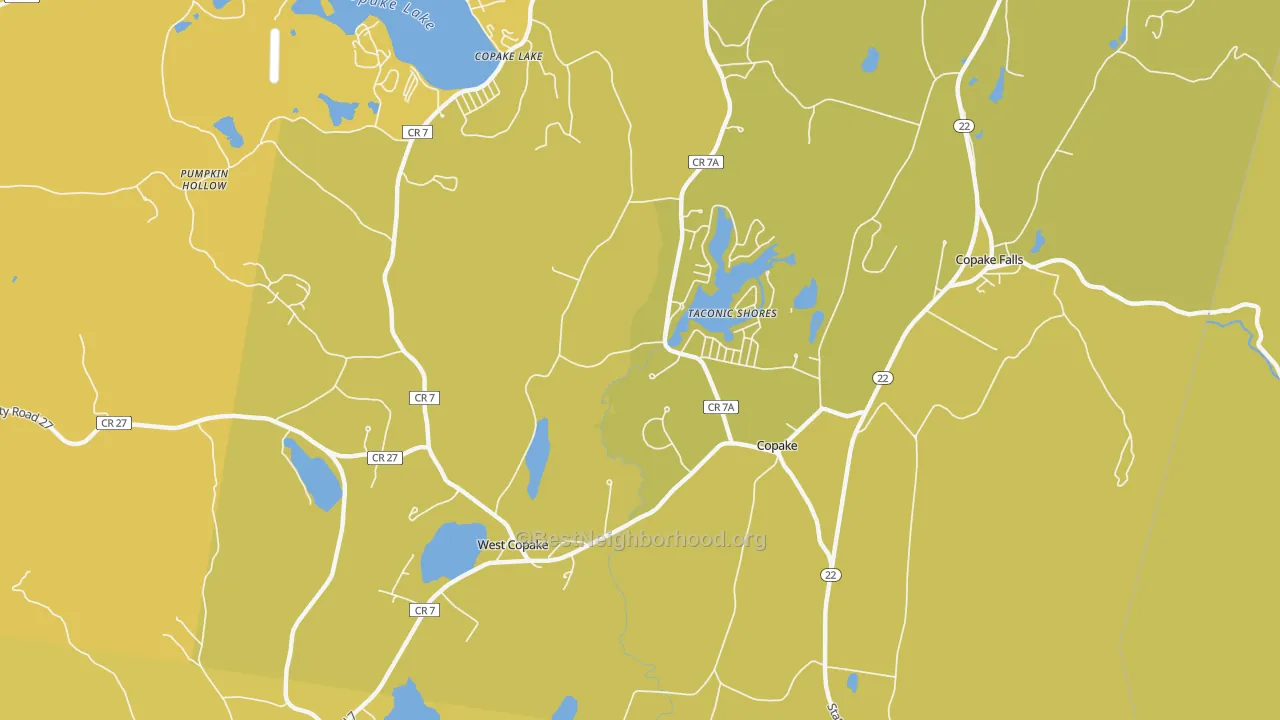 Map of the best neighborhoods in the 12516 area, with better matches in green and worse matches in red