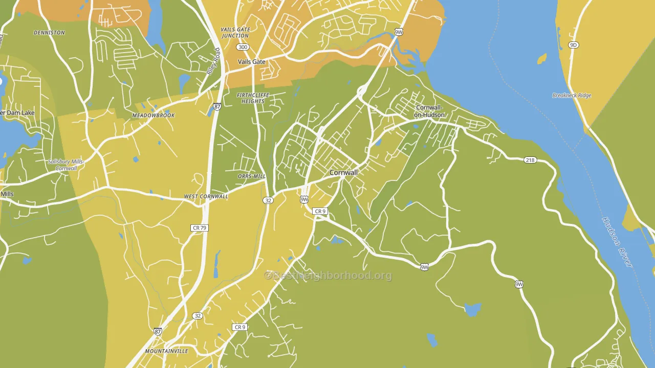 Map of the best neighborhoods in the 12518 area, with better matches in green and worse matches in red