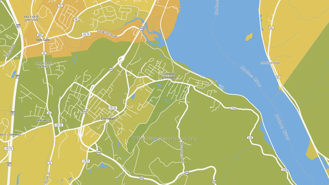 Map of the best neighborhoods in the 12520 area, with better matches in green and worse matches in red