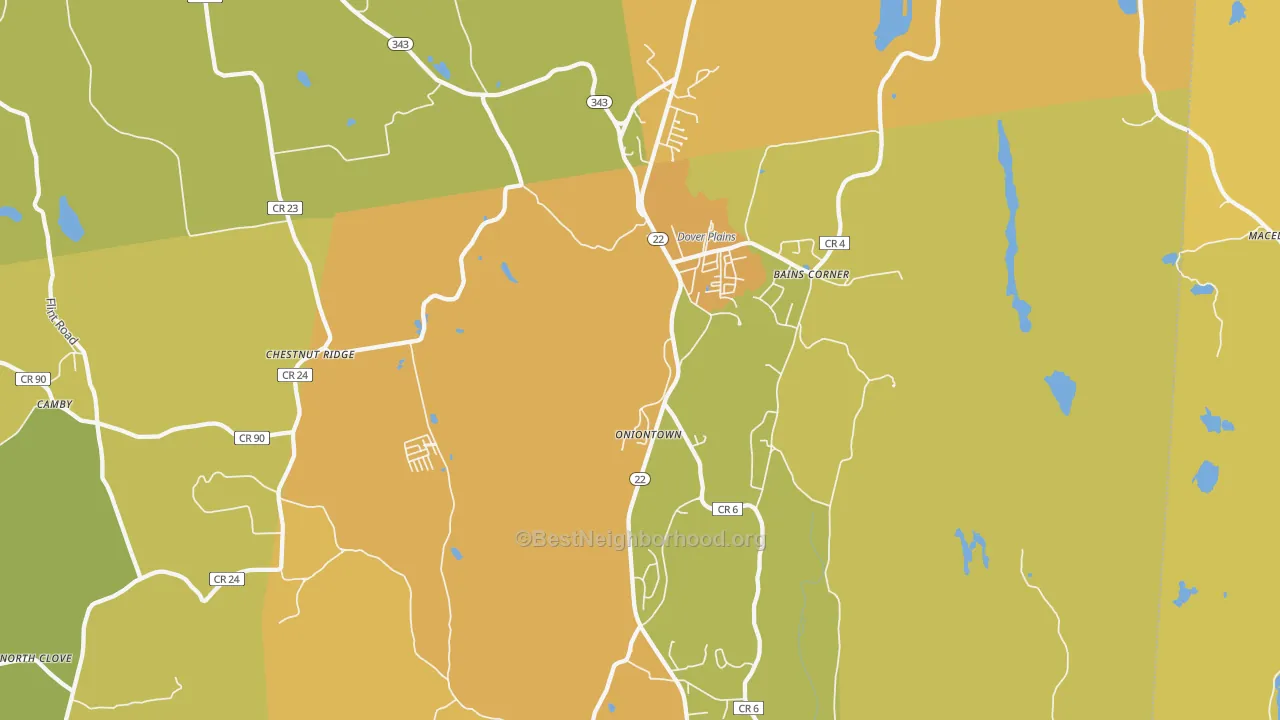 Map of the best neighborhoods in the 12522 area, with better matches in green and worse matches in red