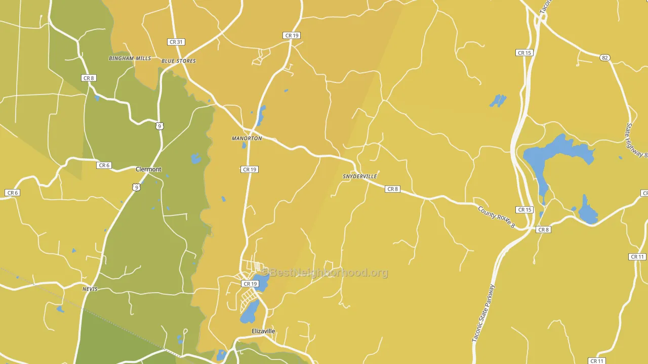 Map of the best neighborhoods in the 12523 area, with better matches in green and worse matches in red