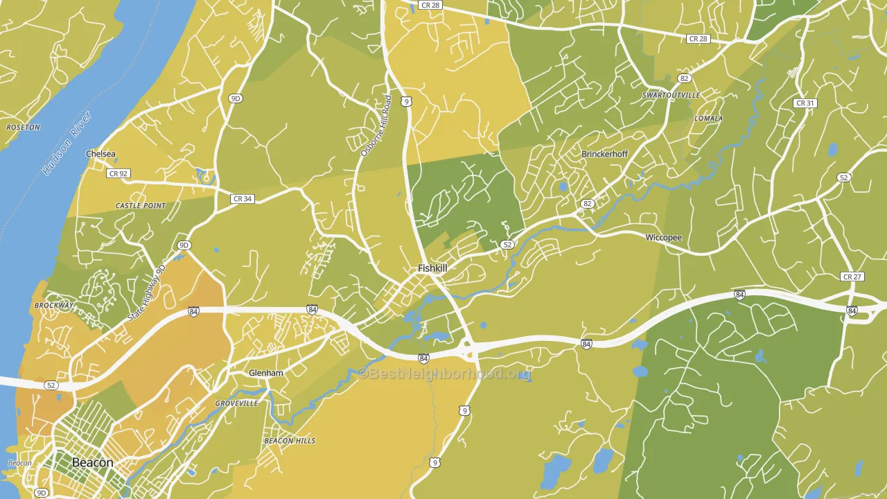Map of the best neighborhoods in the 12524 area, with better matches in green and worse matches in red