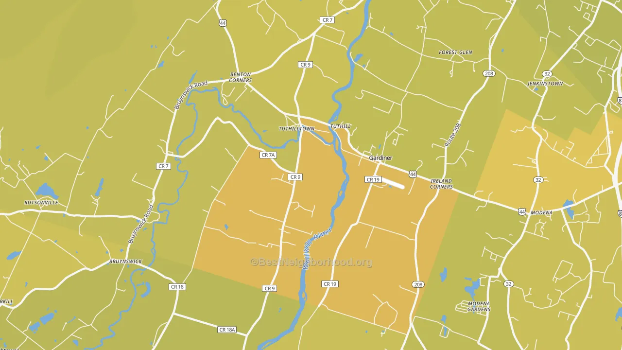Map of the best neighborhoods in the 12525 area, with better matches in green and worse matches in red
