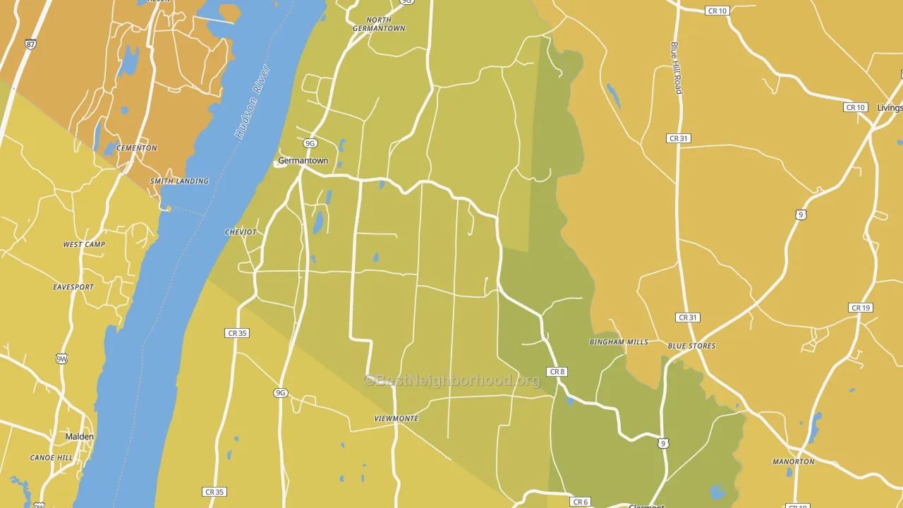 Map of the best neighborhoods in the 12526 area, with better matches in green and worse matches in red