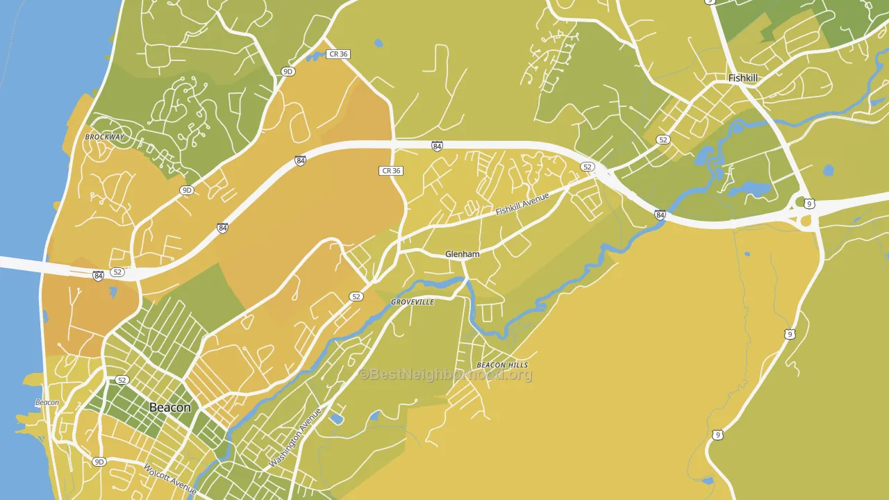 Map of the best neighborhoods in the 12527 area, with better matches in green and worse matches in red