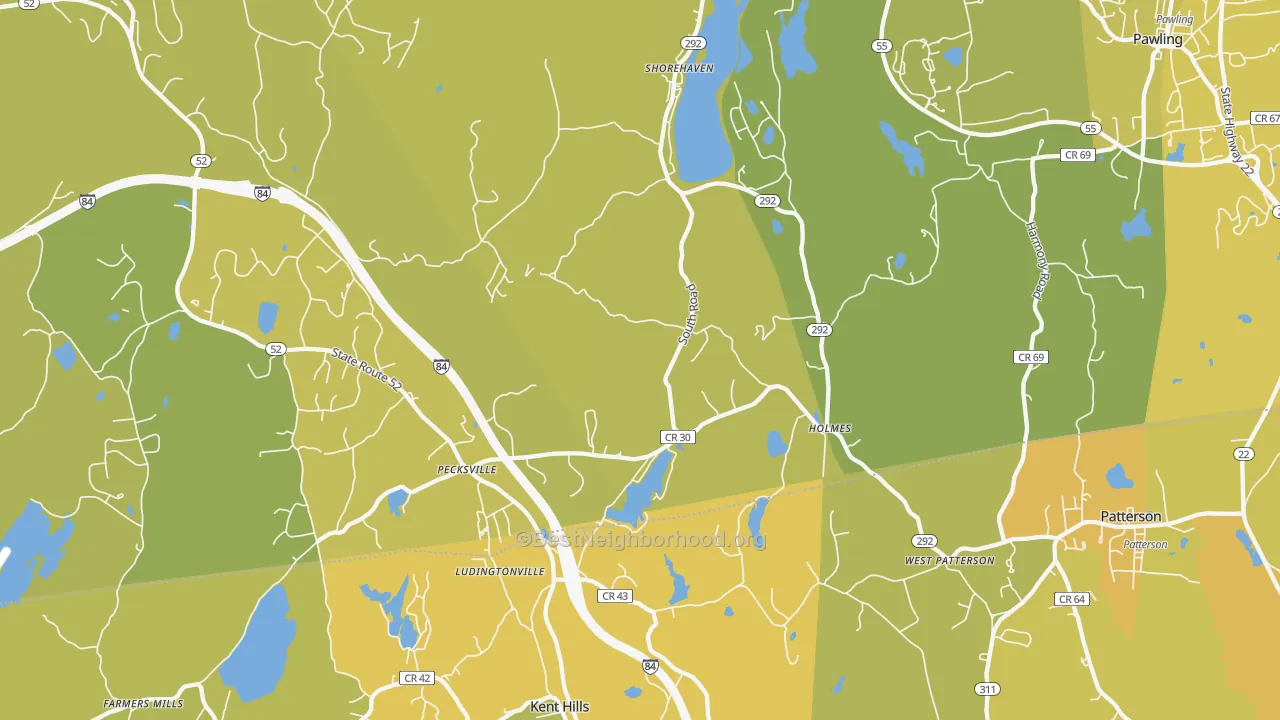 Map of the best neighborhoods in the 12531 area, with better matches in green and worse matches in red