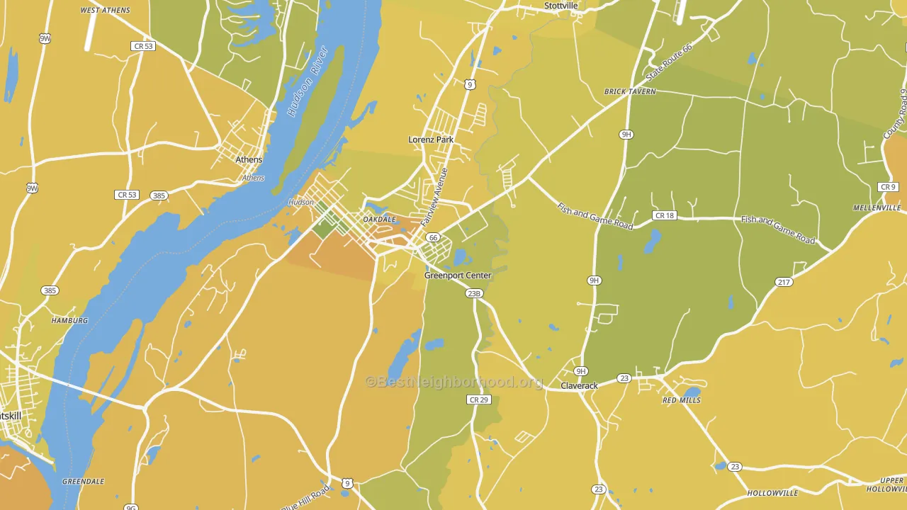 Map of the best neighborhoods in the 12534 area, with better matches in green and worse matches in red