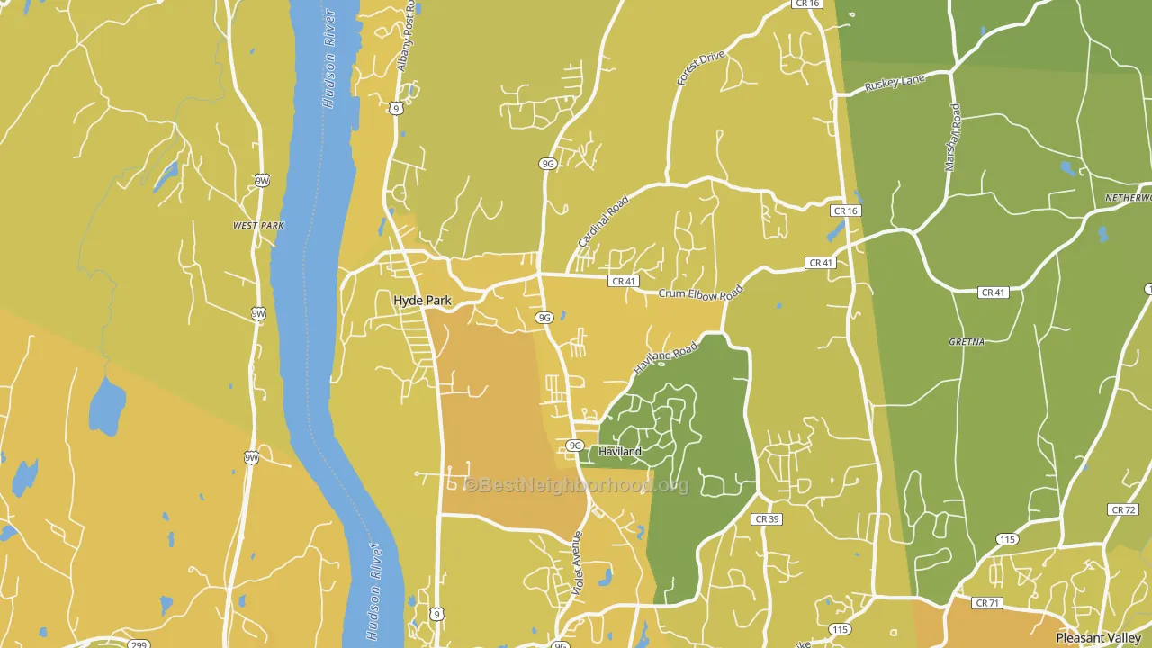 Map of the best neighborhoods in the 12538 area, with better matches in green and worse matches in red