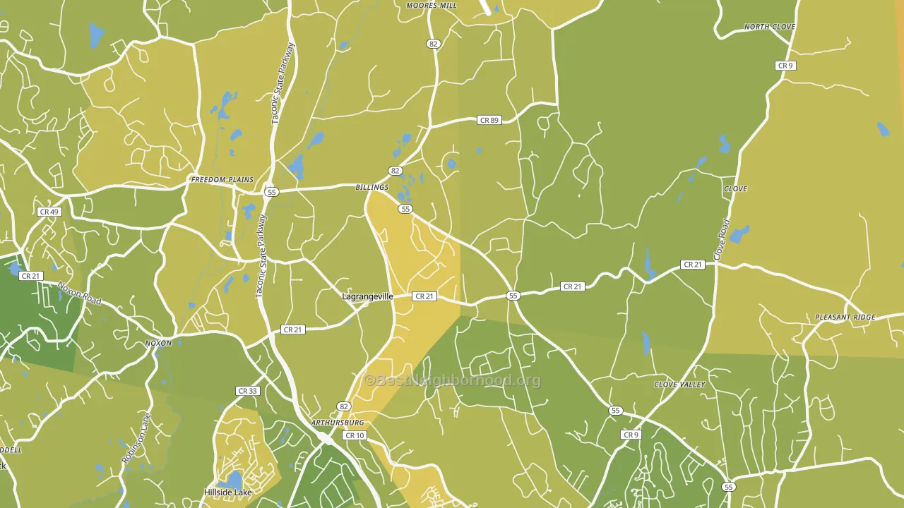 Map of the best neighborhoods in the 12540 area, with better matches in green and worse matches in red