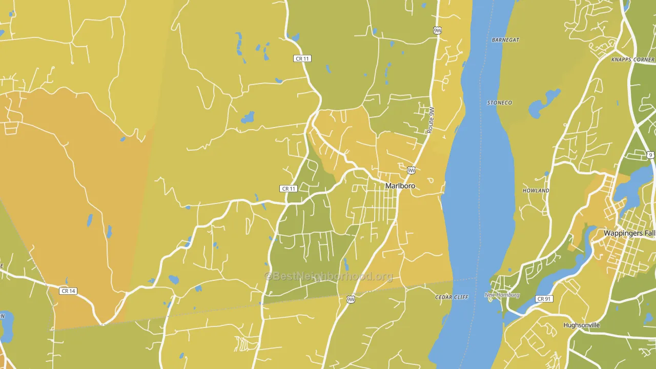 Map of the best neighborhoods in the 12542 area, with better matches in green and worse matches in red