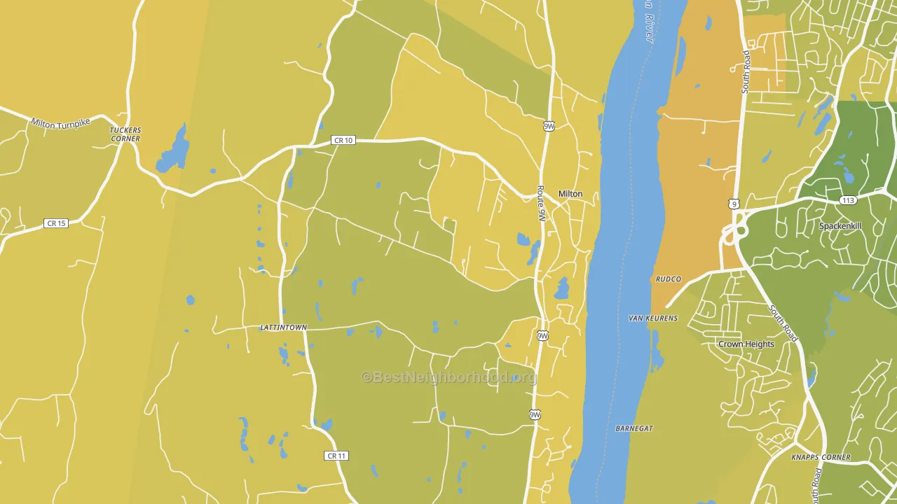 Map of the best neighborhoods in the 12547 area, with better matches in green and worse matches in red