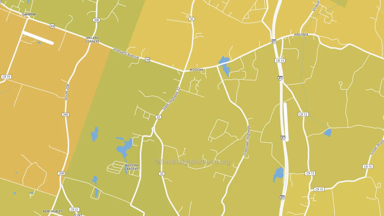 Map of the best neighborhoods in the 12548 area, with better matches in green and worse matches in red