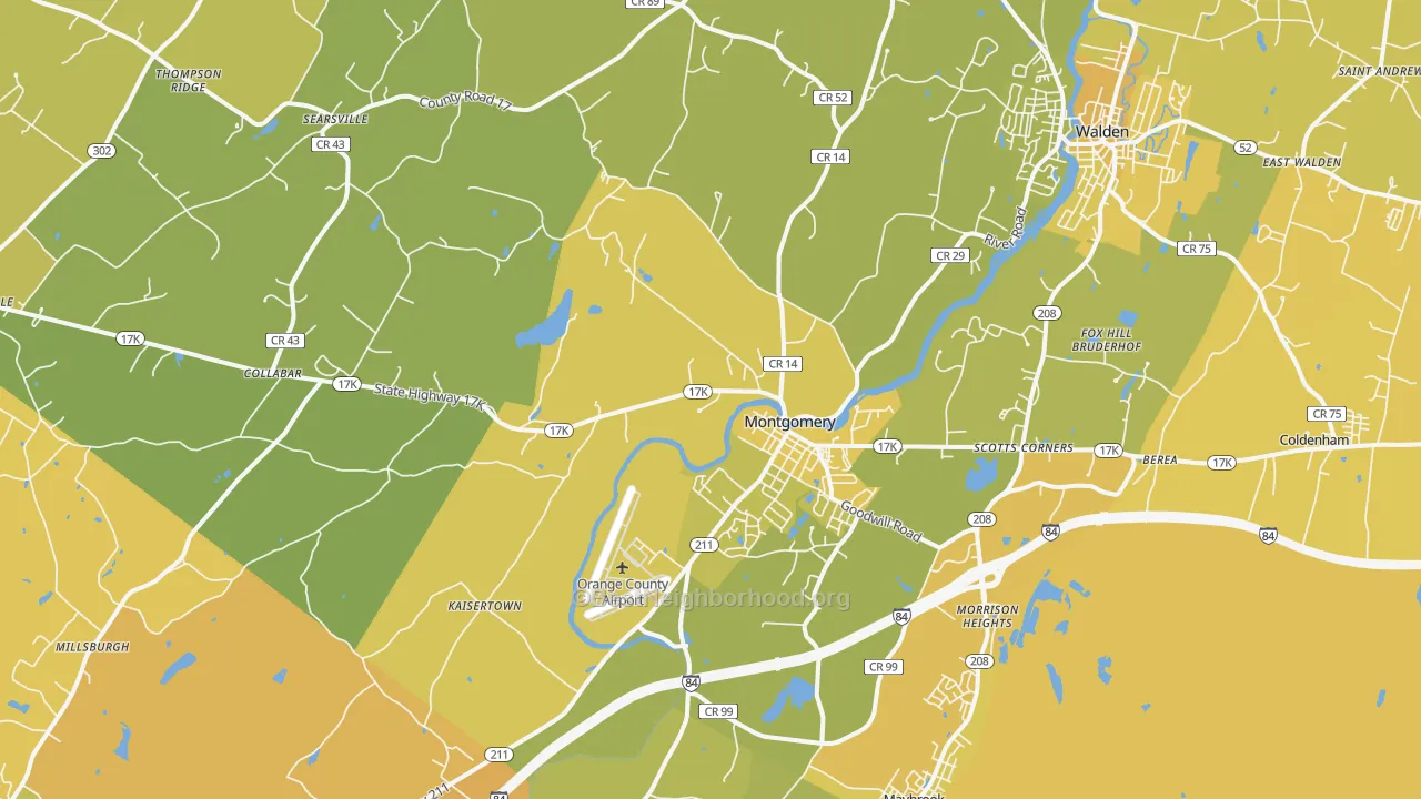 Map of the best neighborhoods in the 12549 area, with better matches in green and worse matches in red