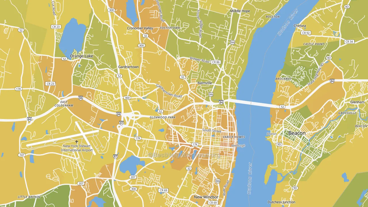 Map of the best neighborhoods in the 12550 area, with better matches in green and worse matches in red