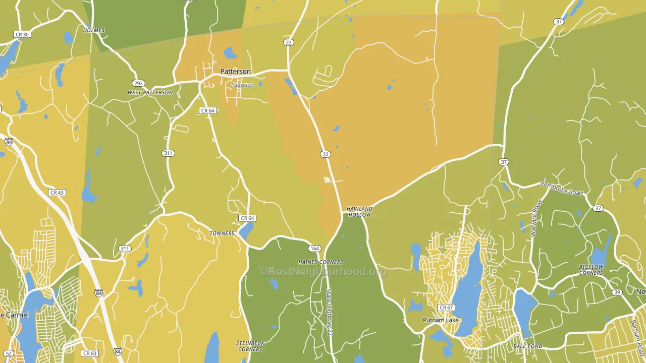 Map of the best neighborhoods in the 12563 area, with better matches in green and worse matches in red