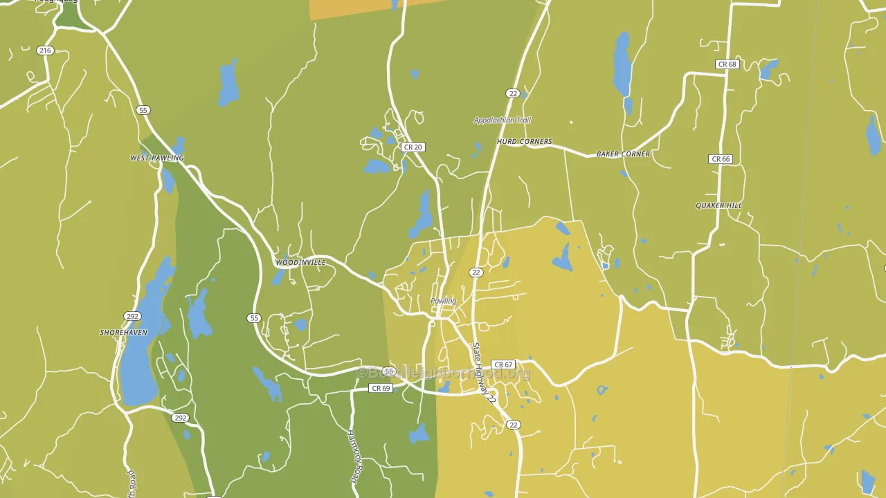 Map of the best neighborhoods in the 12564 area, with better matches in green and worse matches in red