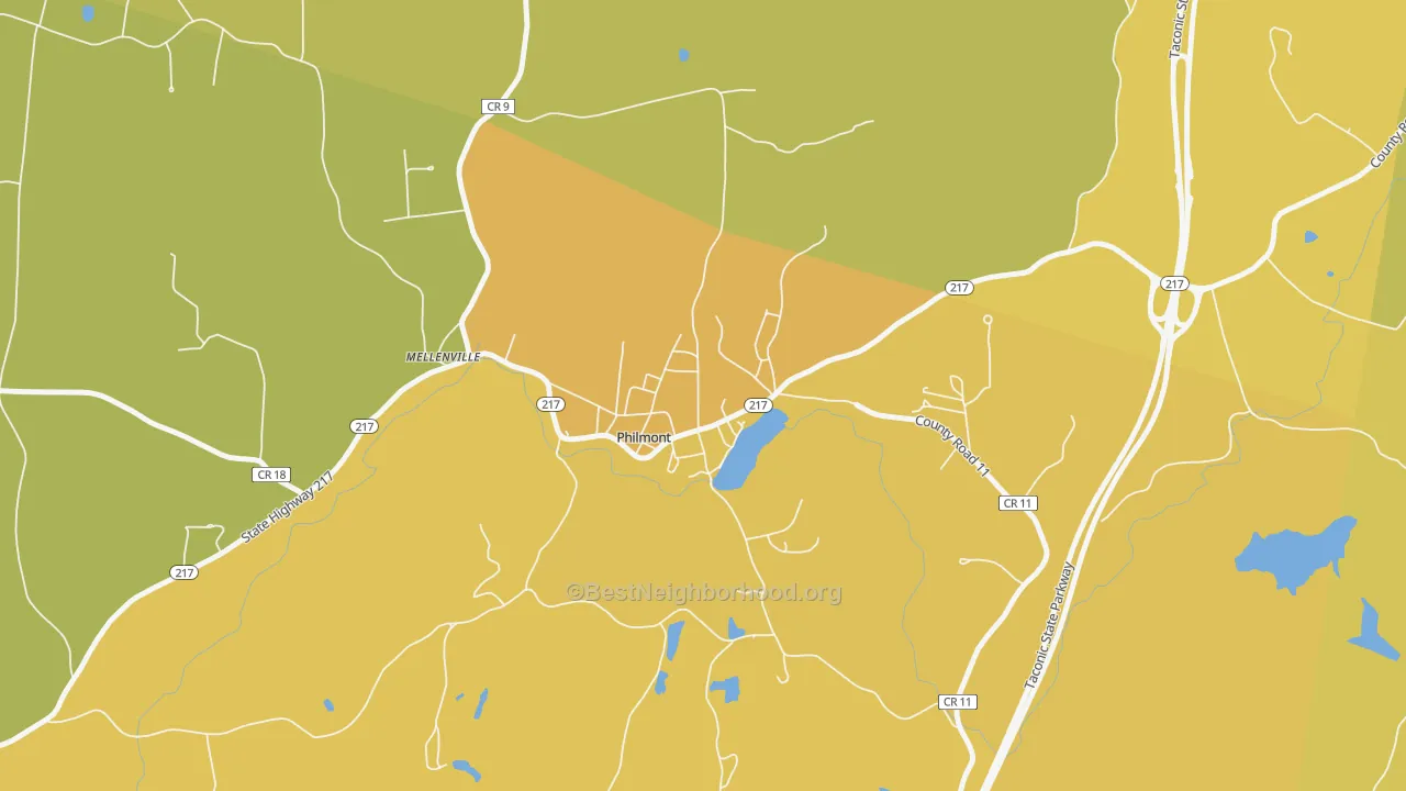 Map of the best neighborhoods in the 12565 area, with better matches in green and worse matches in red