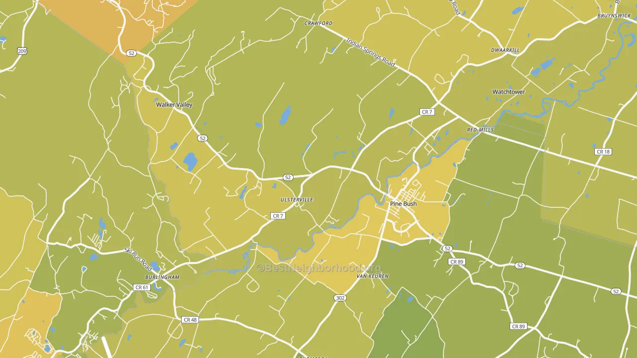 Map of the best neighborhoods in the 12566 area, with better matches in green and worse matches in red