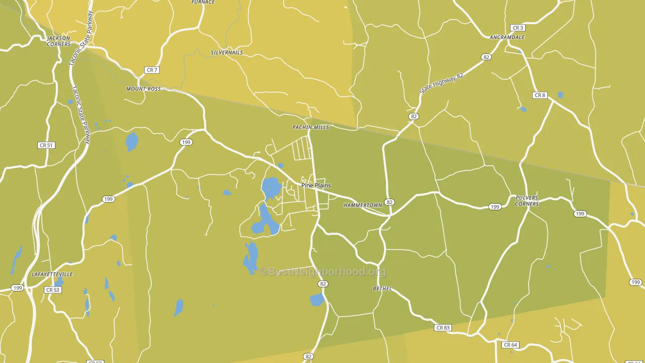 Map of the best neighborhoods in the 12567 area, with better matches in green and worse matches in red