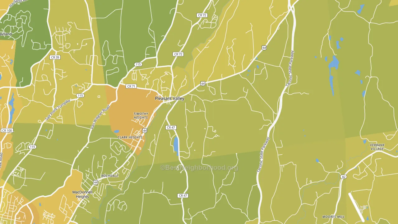Map of the best neighborhoods in the 12569 area, with better matches in green and worse matches in red