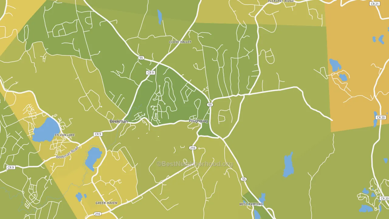Map of the best neighborhoods in the 12570 area, with better matches in green and worse matches in red