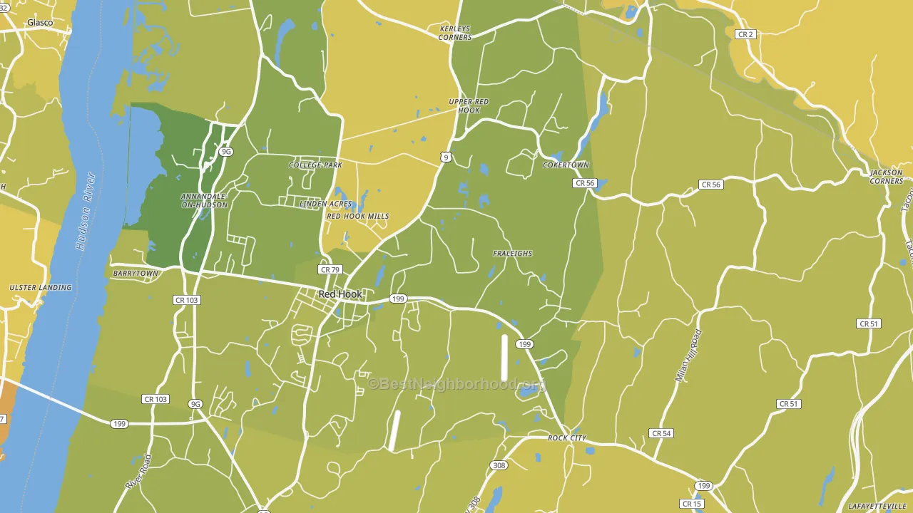 Map of the best neighborhoods in the 12571 area, with better matches in green and worse matches in red
