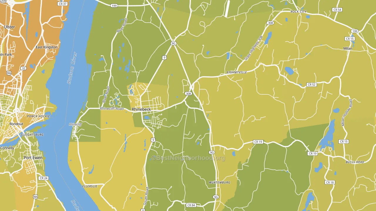Map of the best neighborhoods in the 12572 area, with better matches in green and worse matches in red
