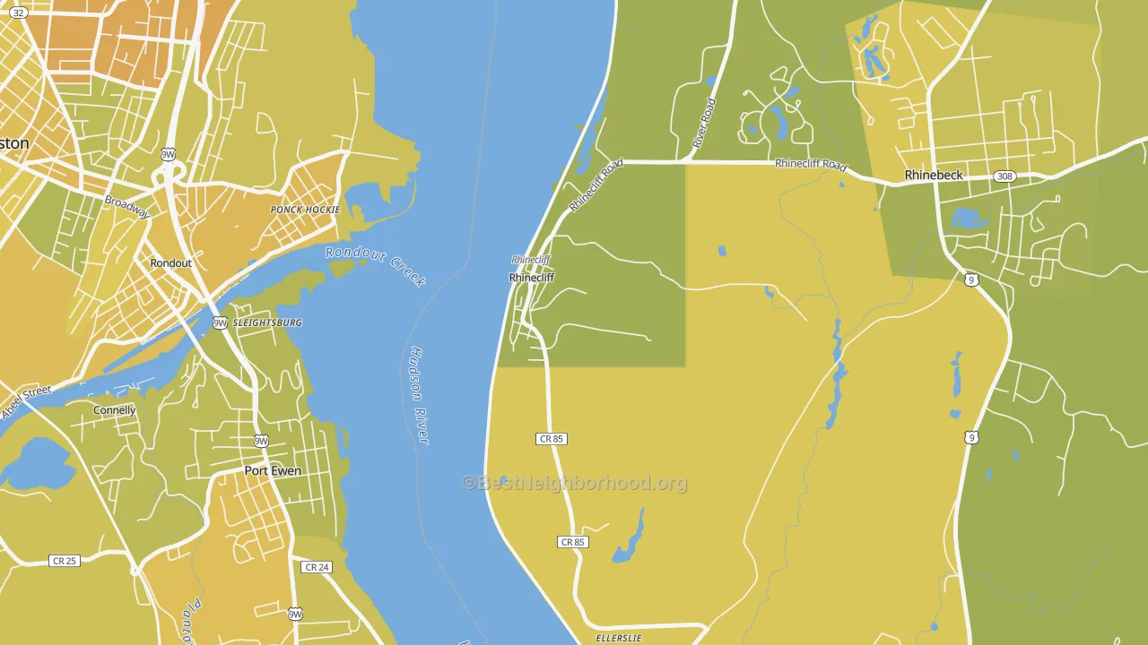 Map of the best neighborhoods in the 12574 area, with better matches in green and worse matches in red