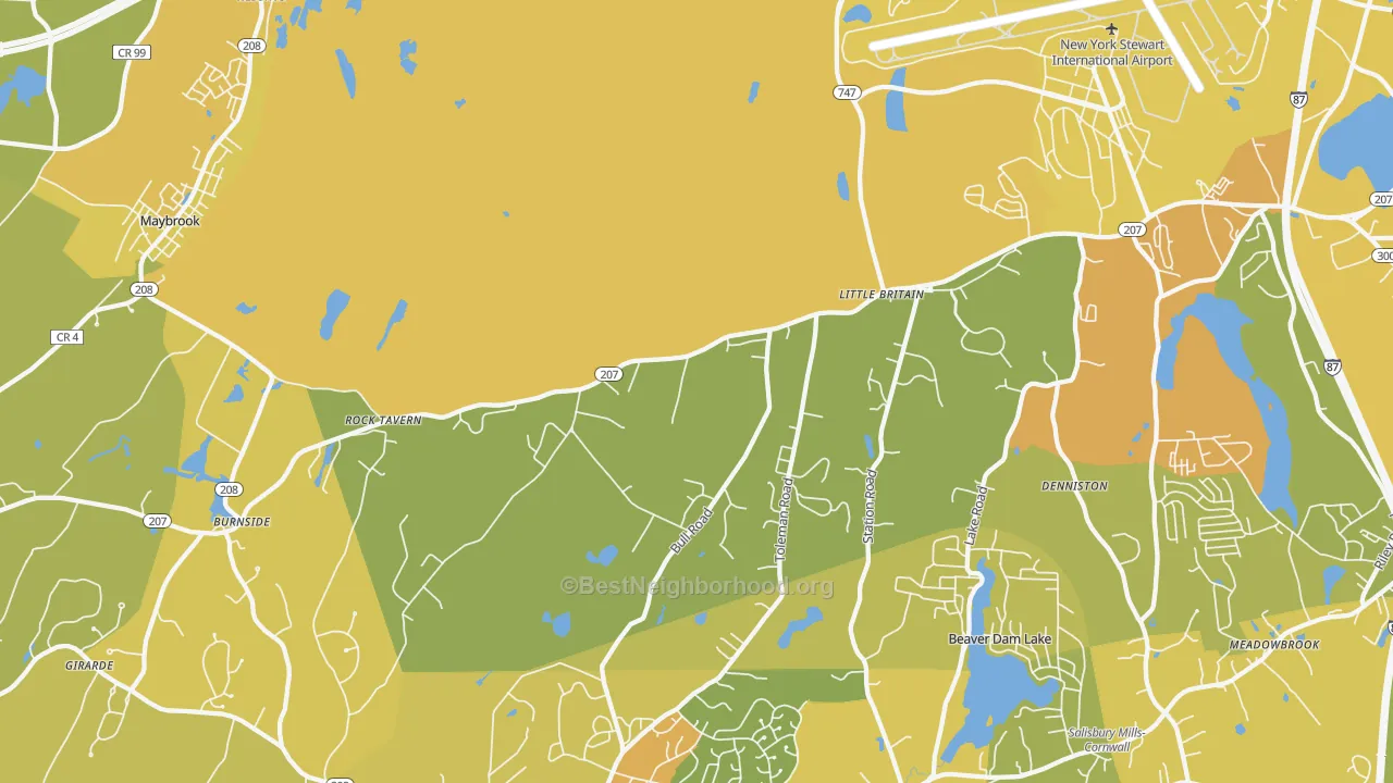 Map of the best neighborhoods in the 12575 area, with better matches in green and worse matches in red