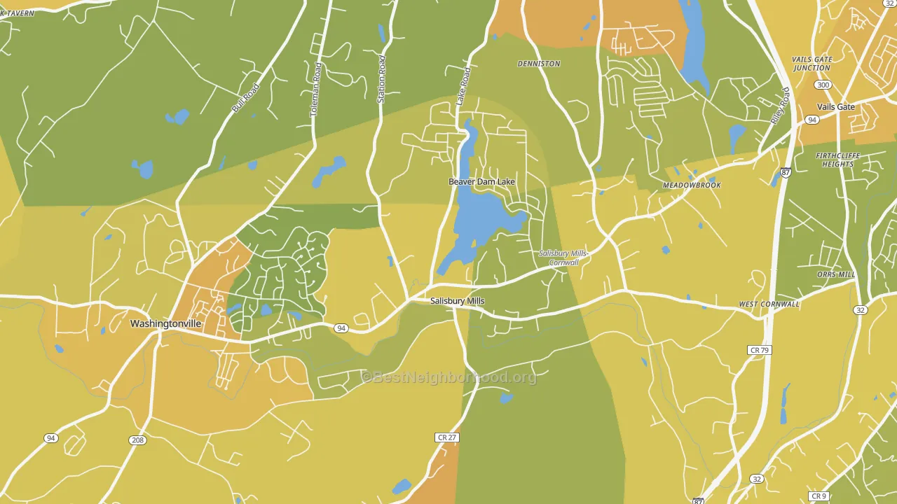 Map of the best neighborhoods in the 12577 area, with better matches in green and worse matches in red