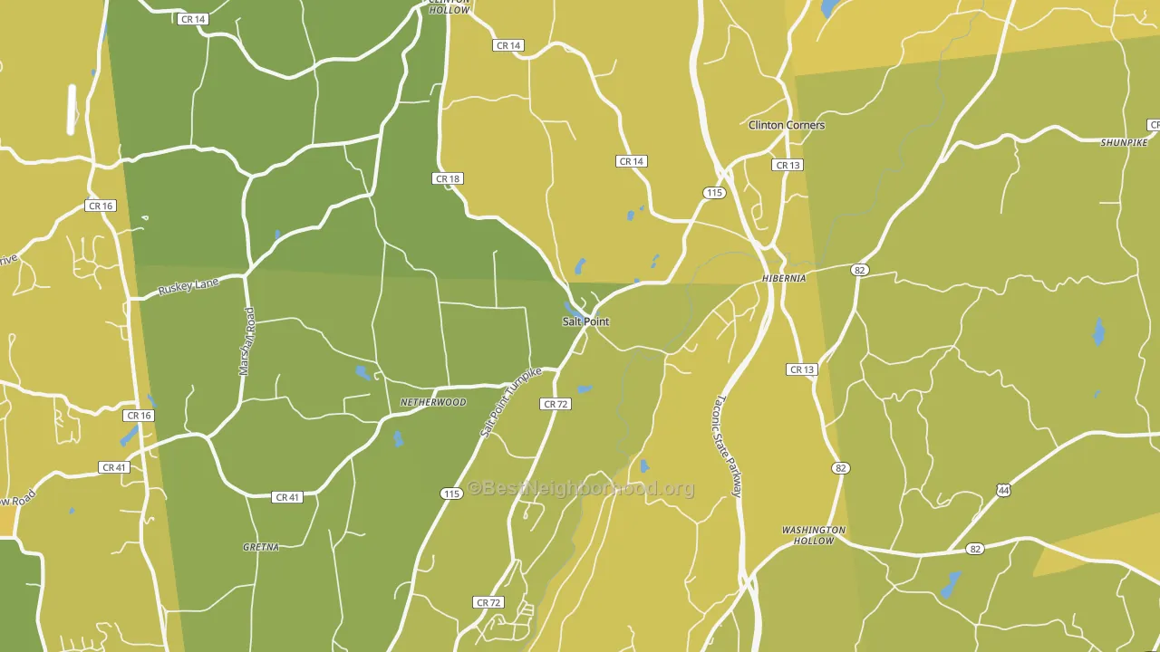 Map of the best neighborhoods in the 12578 area, with better matches in green and worse matches in red